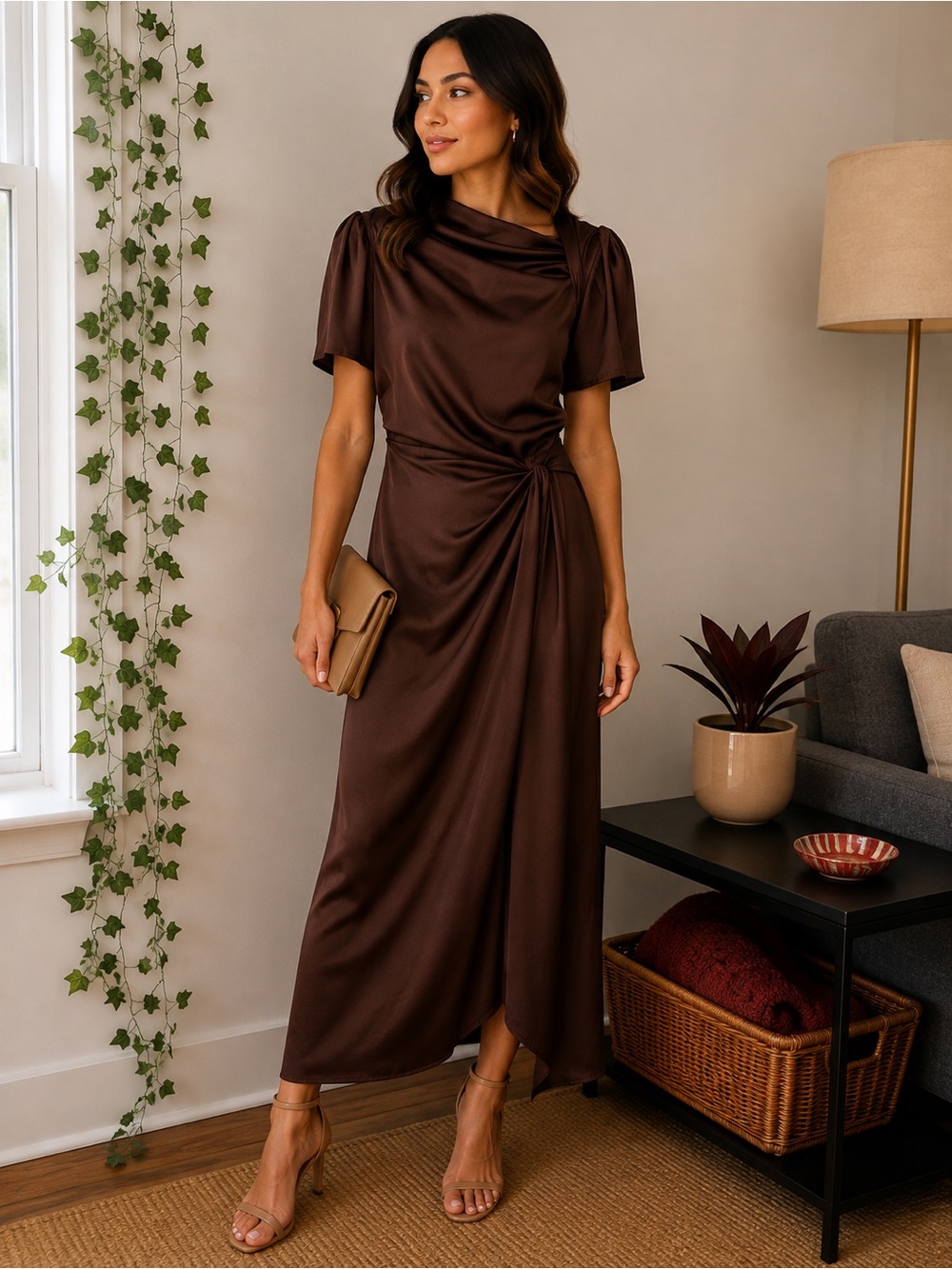 PrettyLittleThing Chocolate Brown Satin Maxi Dress